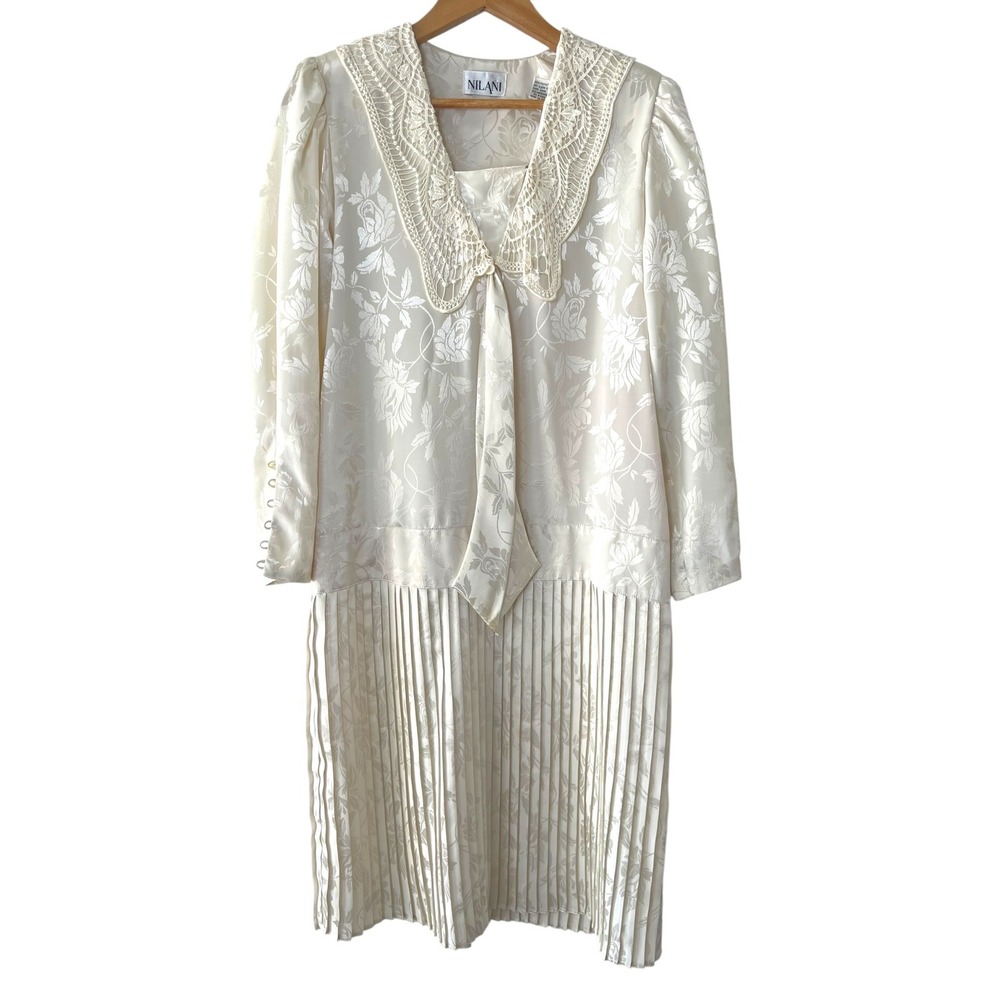 Vintage Nilani Ivory Brocade Dress Lace Collar Pleated Midi Cottagecore 10